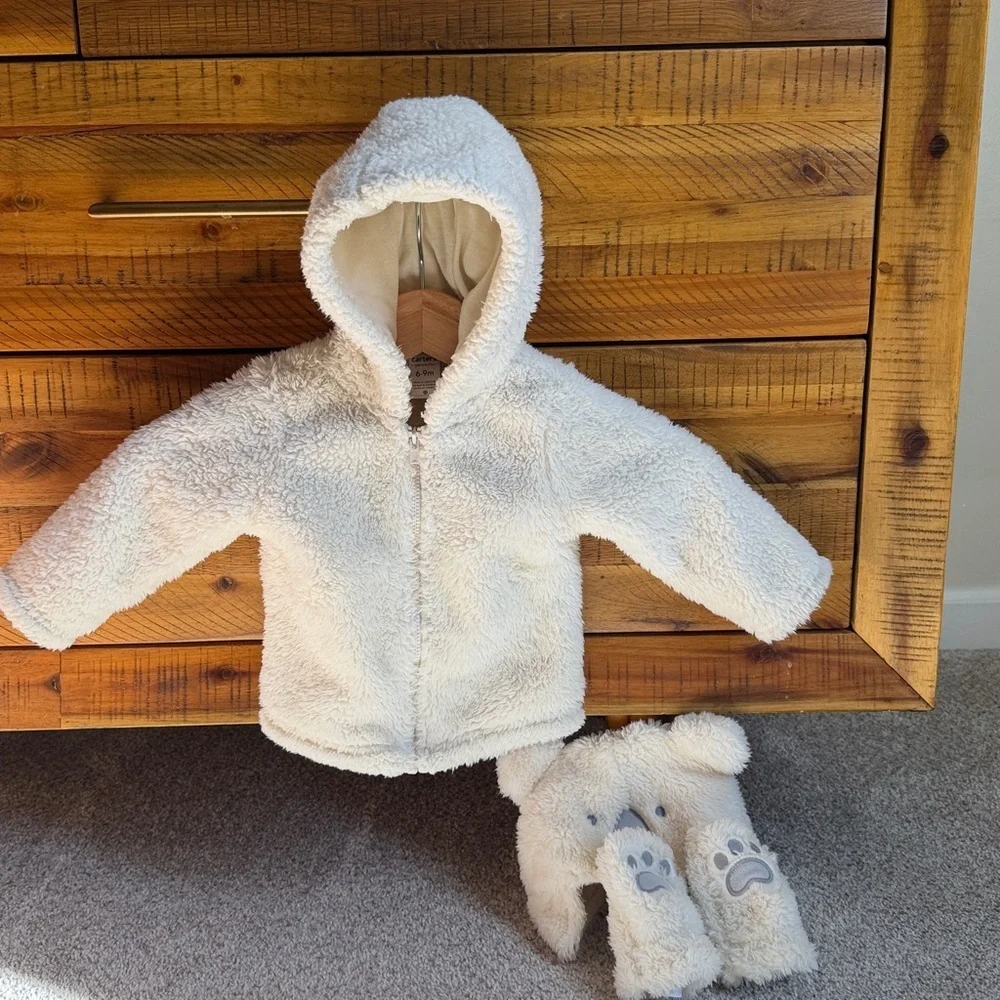 Carter’s Cozy White Fleece Baby Jacket with Gloves and Hat